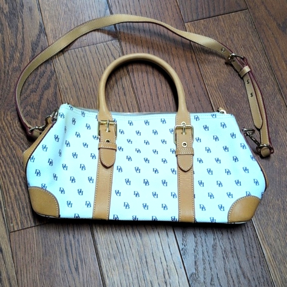 Vintage Dooney and Bourke - Vachetta Leather White & Blue Monogram Satchel